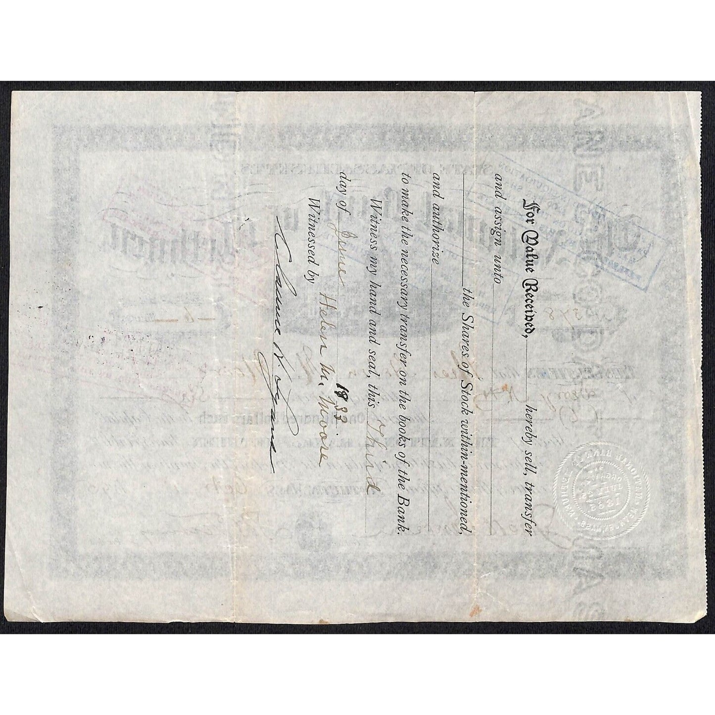 National Bank of Methuen, MA 1895 Stock Certificate Miss. Helen M. Moore
