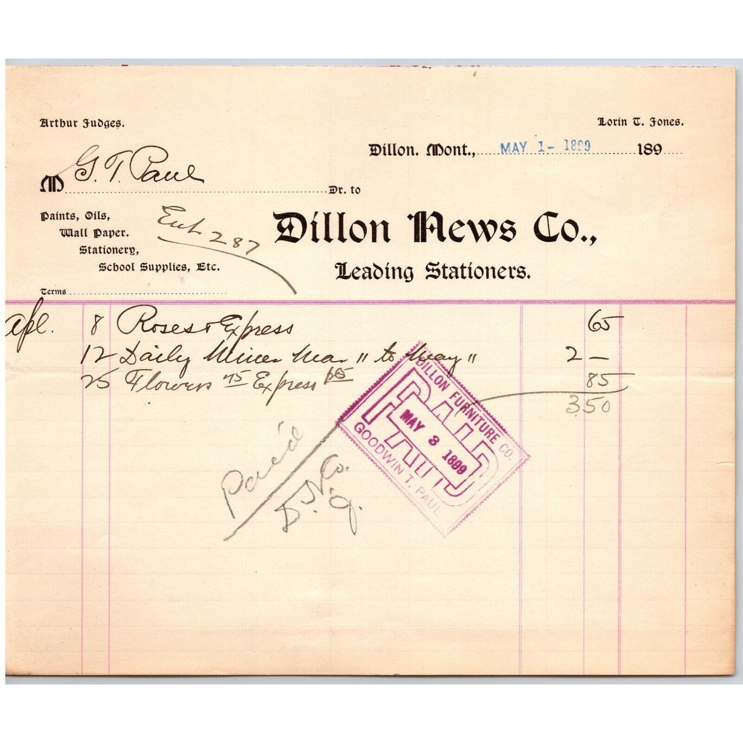 Dillon, MT Dillon News Co. Stationers 1899 Billhead G.T. Paul* Furniture