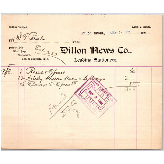 Dillon, MT Dillon News Co. Stationers 1899 Billhead G.T. Paul* Furniture