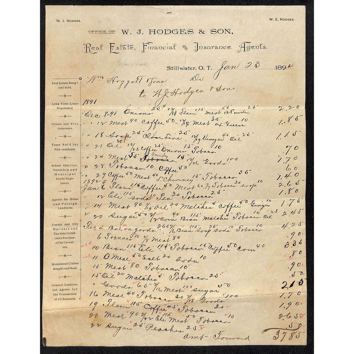 1894 W.J. Hodges & Son Real Estate Indian Territorial Stillwater, OK Letterhead