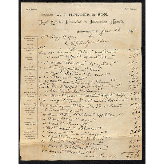 1894 W.J. Hodges & Son Real Estate Indian Territorial Stillwater, OK Letterhead