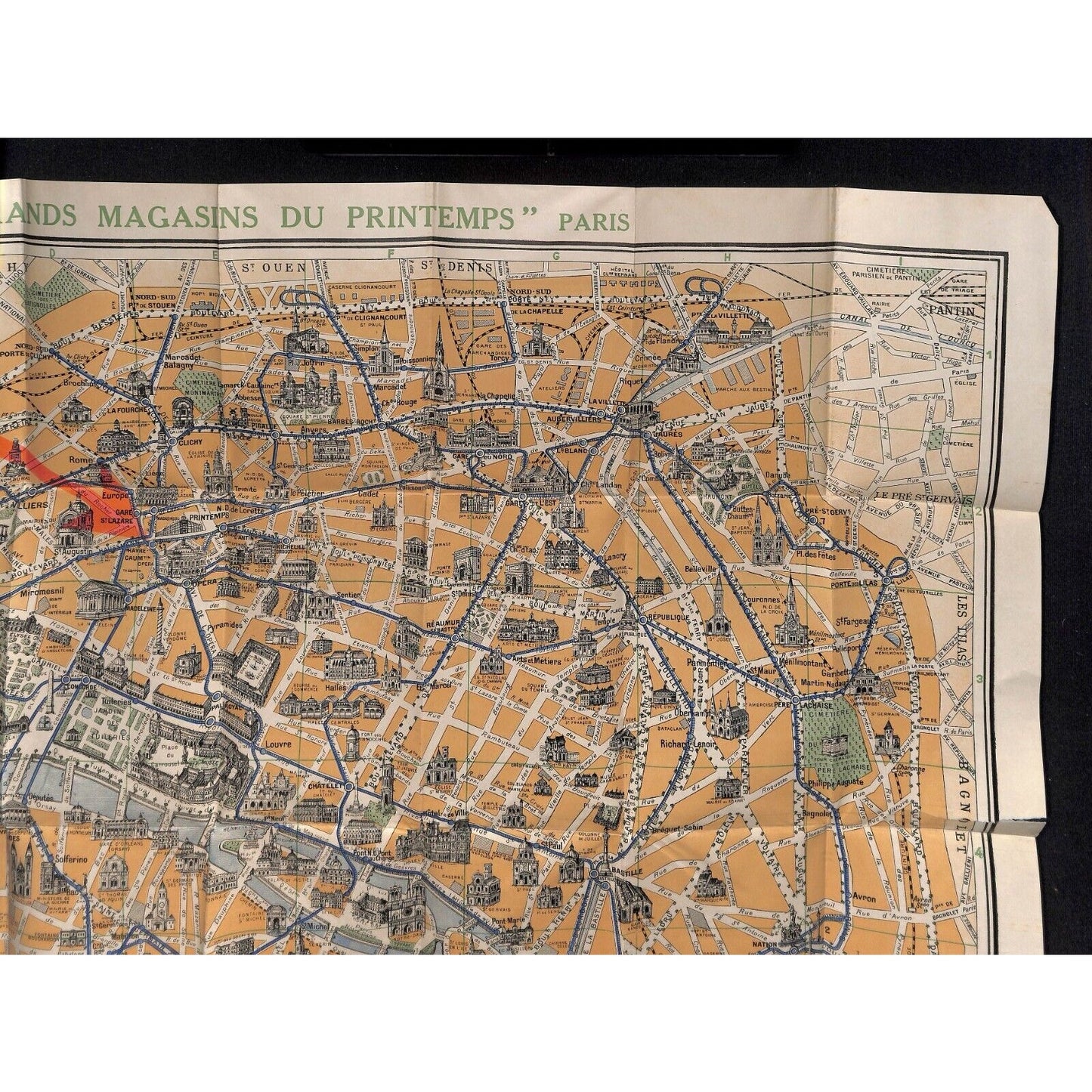 Printemps Department Stores w/ 22" x 28" Paris Monuments & Guide Map c1925