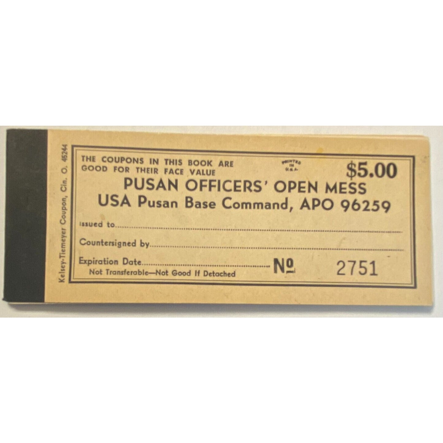 Korea U.S. Army Pusan Officers' Open Mess Partial $5.00 Coupon Booklet c1970 VGC