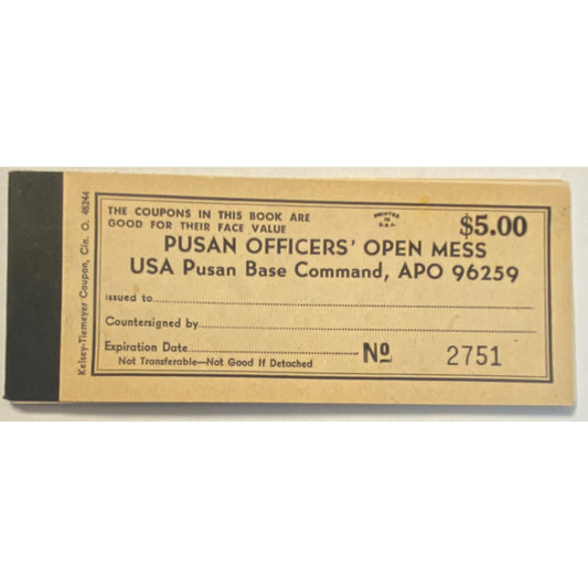 Korea U.S. Army Pusan Officers' Open Mess Partial $5.00 Coupon Booklet c1970 VGC