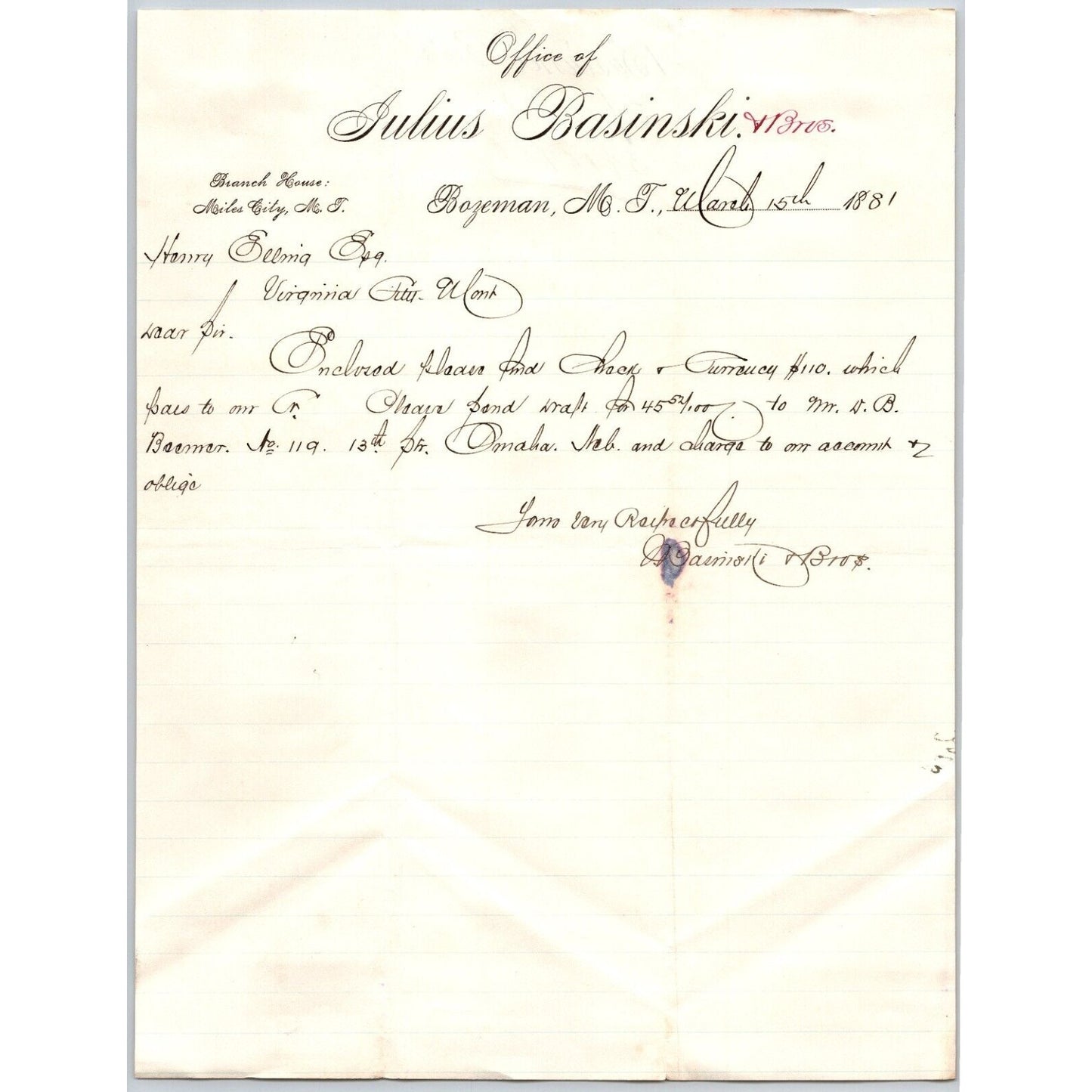 Julius Basinski (Stationers) Bozeman, MT 3/15 1881 ALS Letterhead Henry Elling*