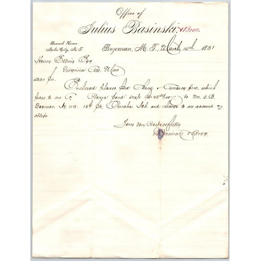 Julius Basinski (Stationers) Bozeman, MT 3/15 1881 ALS Letterhead Henry Elling*