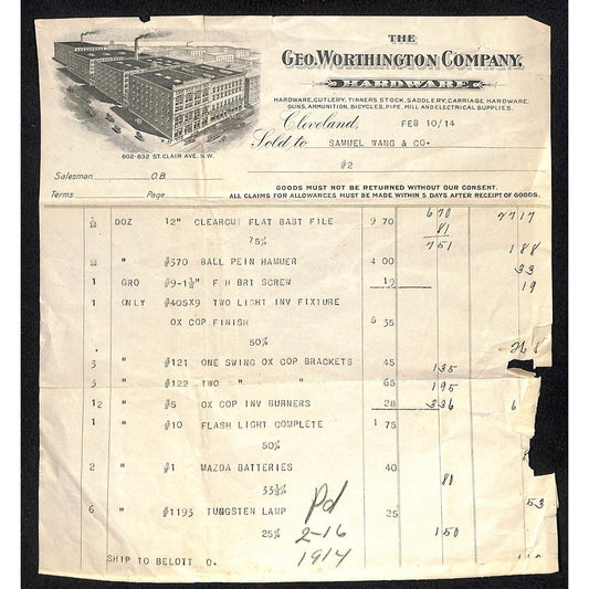 Geo Worthington Co. 1914 Billhead Samuel Wang* N. Georgetown, OH
