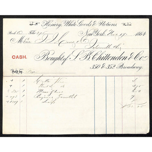 L.B. Chittenden & Co. Hosiery White Goods Broadway NYC 1864 J.J. Cover* Billhead