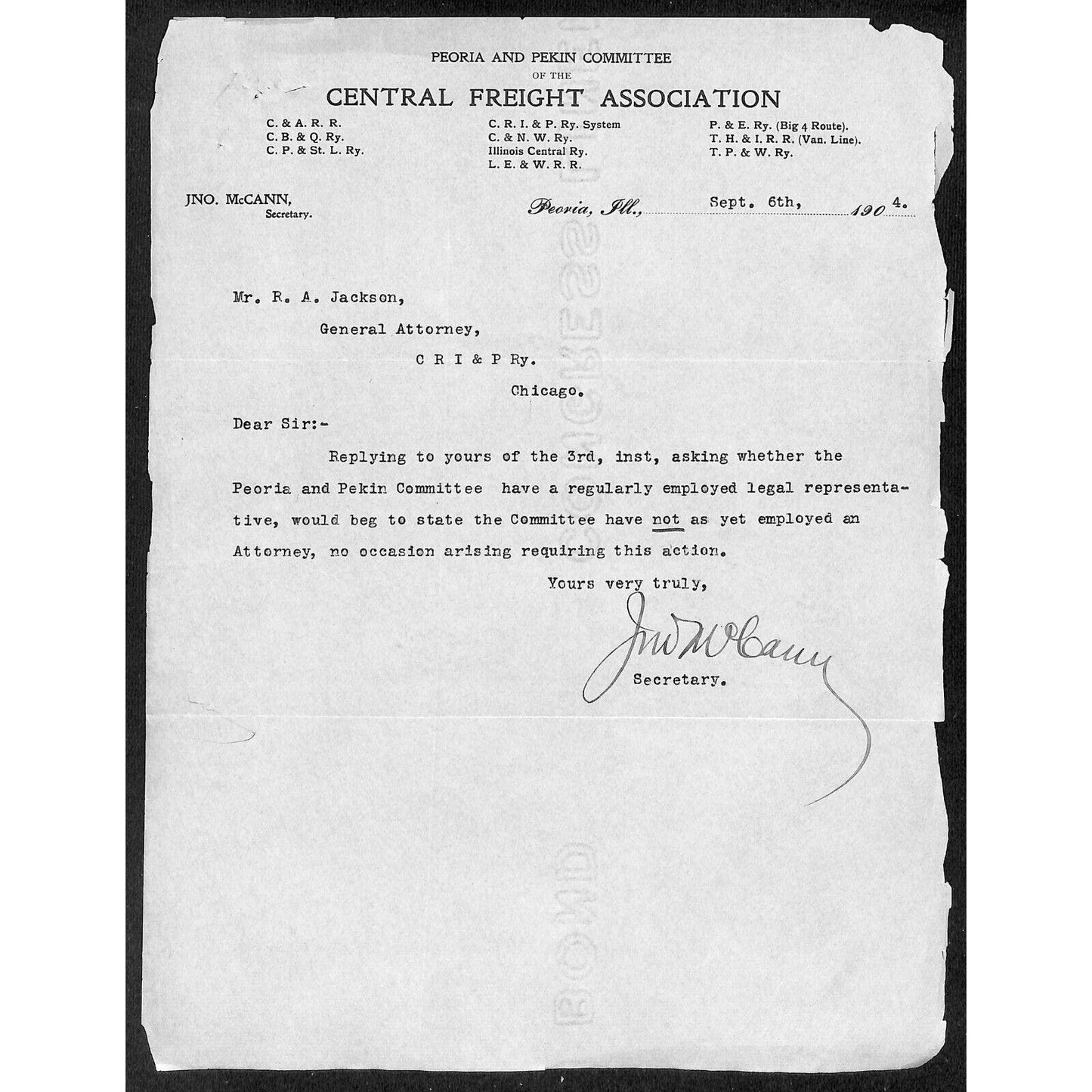 Central Freight Association 1904 Letterhead re: Peoria & Perkin Committee