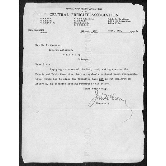 Central Freight Association 1904 Letterhead re: Peoria & Perkin Committee