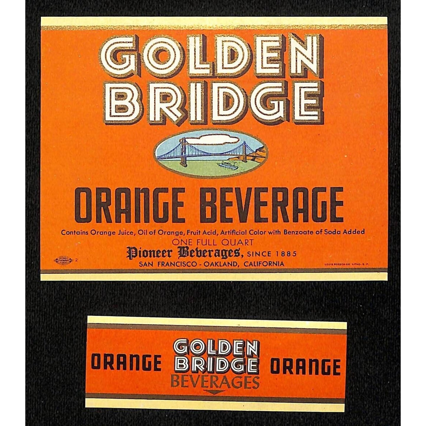 Golden Bridge Orange Beverage Soda Label Set Pioneer Beverages c1950's