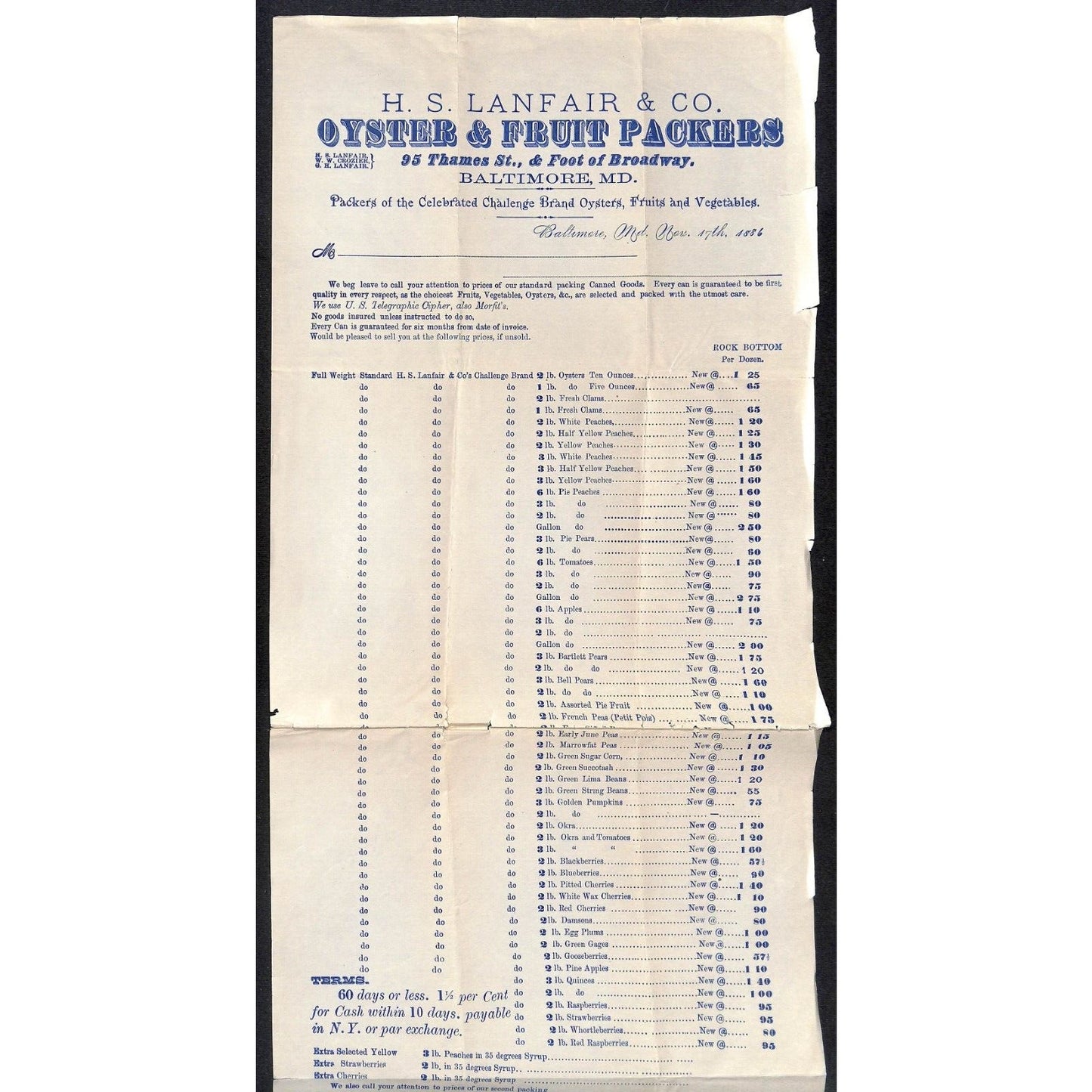 H.S. Lanfair & Co Baltimore Oyster & Fruit Packers 1886 Whsle Price Sheet Scarce