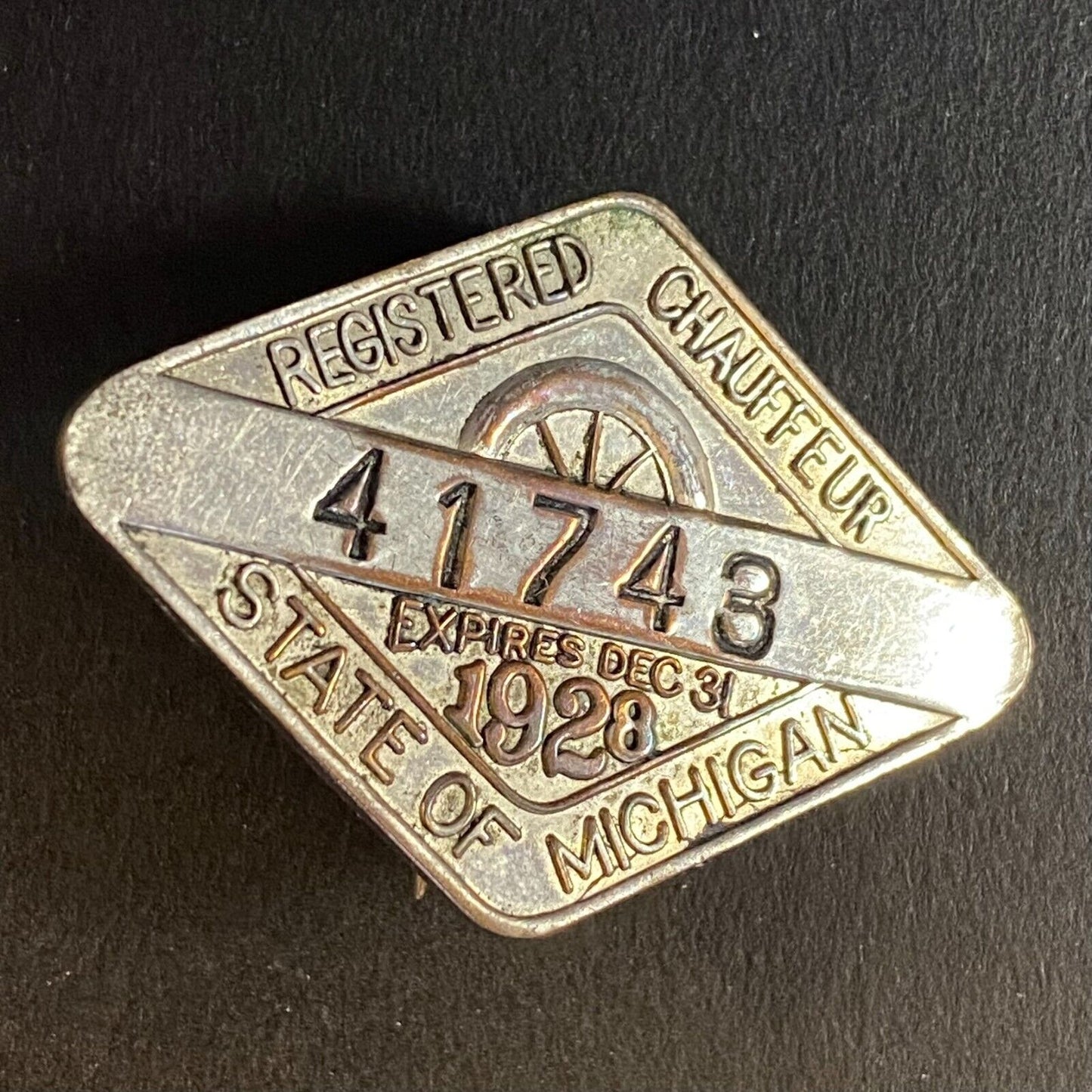 1928 Michigan Licensed Registered Chauffeur Badge Metal Pin Back Driver #41743