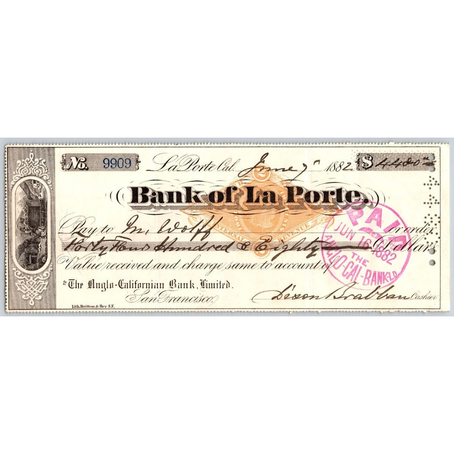 Bank of La Porte Check M. Wolff 1882 Mining Vignette RN-G1 Rev Stamp #9909
