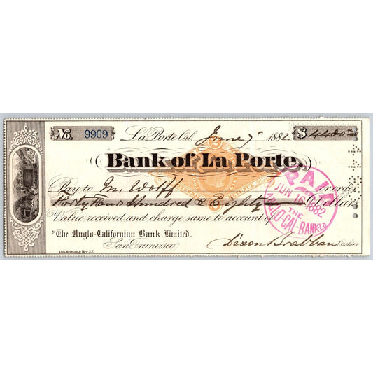 Bank of La Porte Check M. Wolff 1882 Mining Vignette RN-G1 Rev Stamp #9909