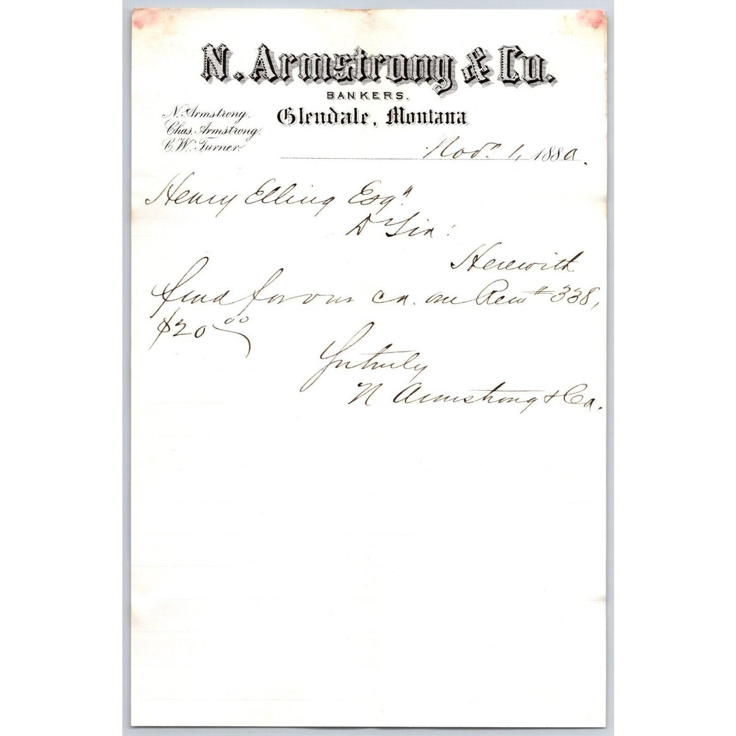N. Armstrong & Co. Bankers Glendale, MT 1880 ALS / Letterhead Henry Elling*