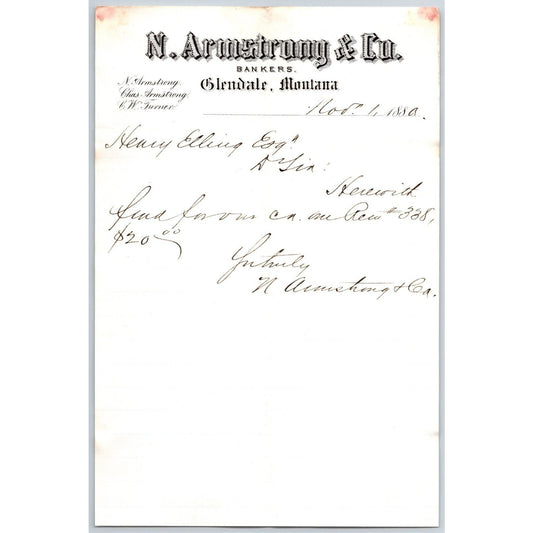 N. Armstrong & Co. Bankers Glendale, MT 1880 ALS / Letterhead Henry Elling*