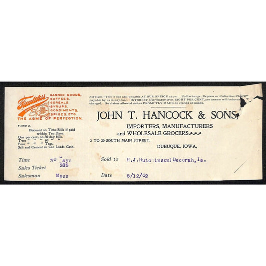 John T Hancock & Sons Dubuque Grocers - Hutchinson Decorah* 1902 Cut Billhead