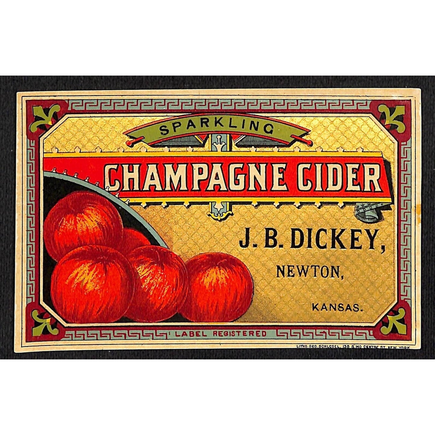 J.B. Dickey Sparkling Champagne Cider Label Newton, Kansas c1890-1900 VGC Scarce