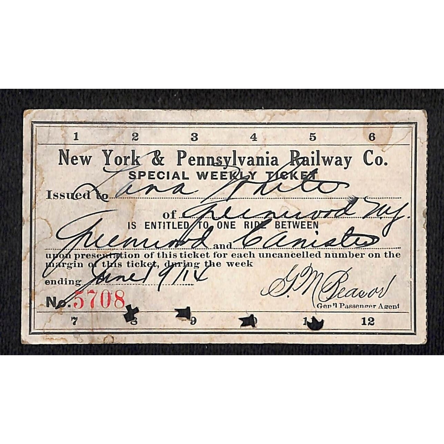New York & Pennsylvania Ry 1914 Special Weekly Ticket Scarce #5708