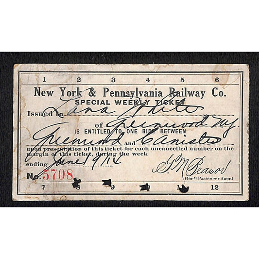 New York & Pennsylvania Ry 1914 Special Weekly Ticket Scarce #5708