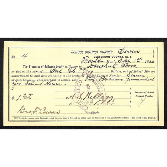 1886 Jefferson County Montana Territory School Warrant for Two Brooms?