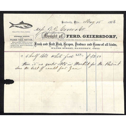 Fred Geiersdorf Fresh and Salt Fish, Grapes 1866 Sandusky, OH Billhead Scarce
