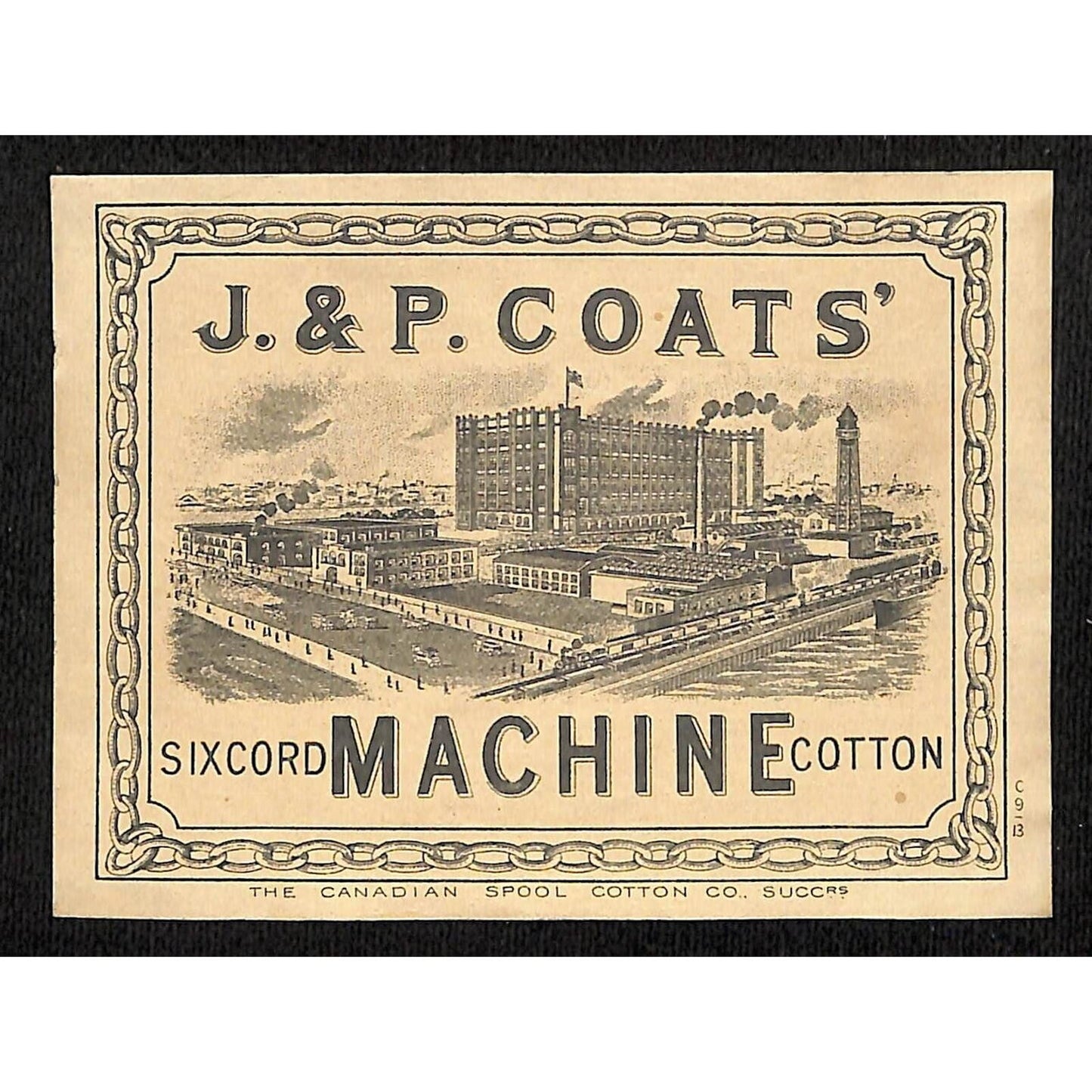 J & P Coats' Six Cord Machine Cotton c1915? 3 1/8" x 4 1/4" Box Label VGC Scarce