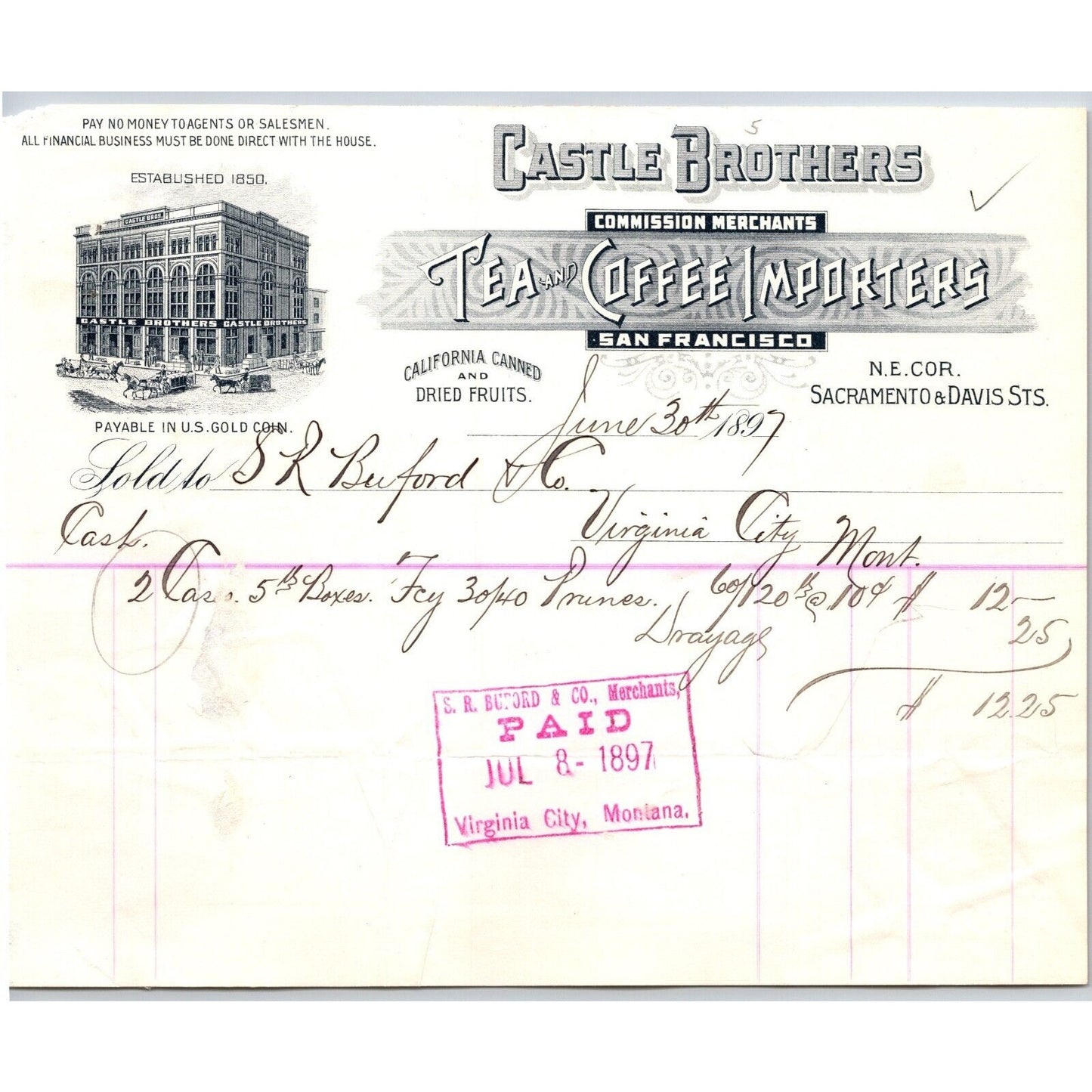 Castle Brothers Grocers San Francisco 1897 Billhead VGC Buford Virginia City MT*