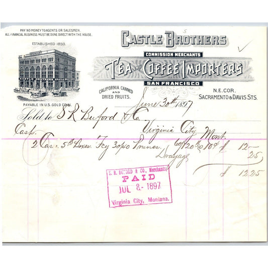 Castle Brothers Grocers San Francisco 1897 Billhead VGC Buford Virginia City MT*