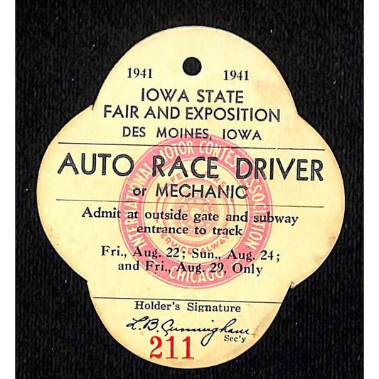 1941 Iowa State Fair Auto Race Driver or Mechanic Ticket / Pass #211 Scarce