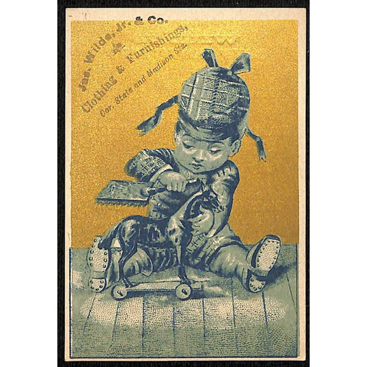 James Wilde Chicago Boy's Outfitters Victorian Trade Card Boy Plays w/ Toy Horse