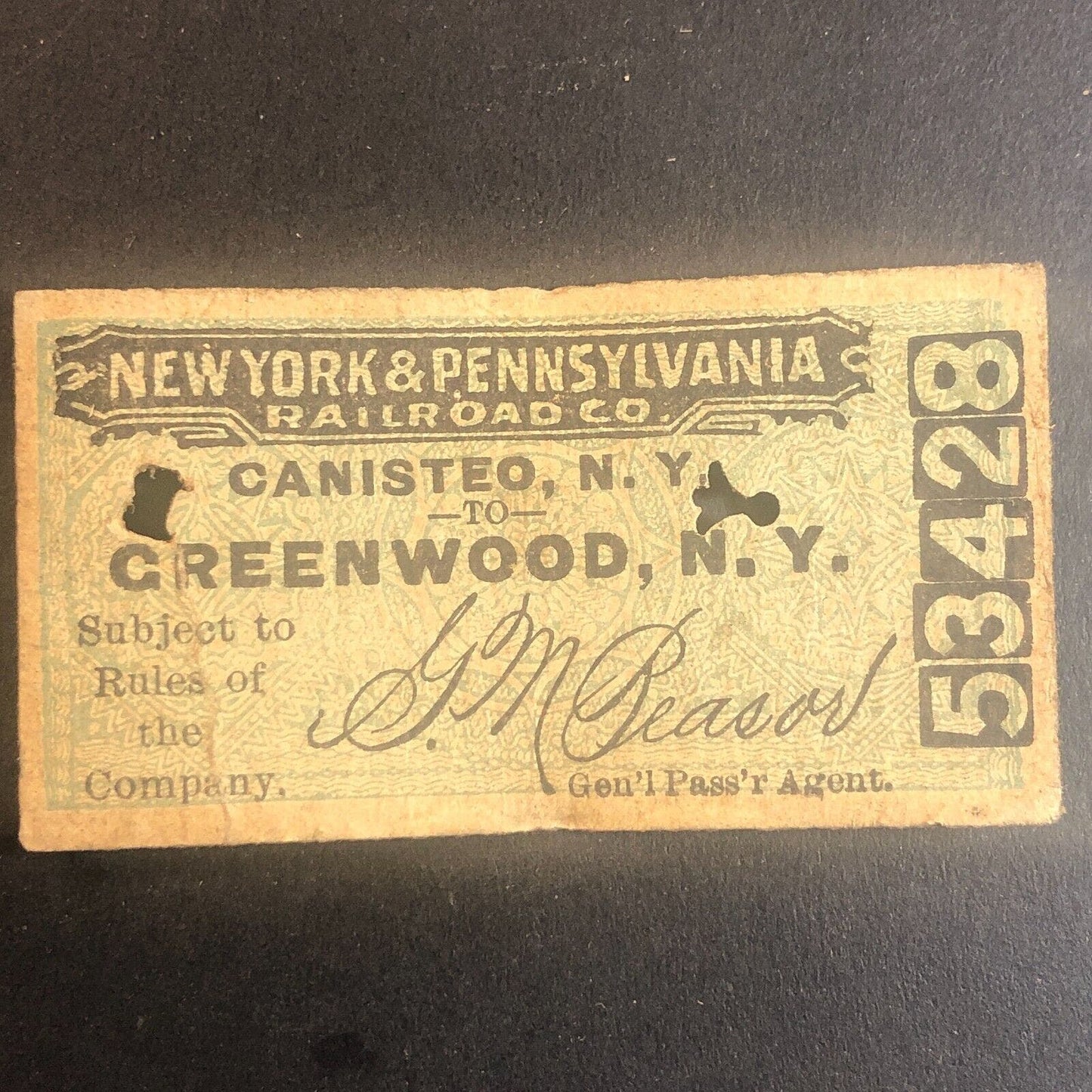 New York & Pennsylvania Railroad July 30 1917 Greenwood, NY Ticket #53428