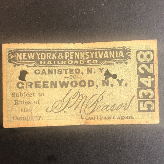 New York & Pennsylvania Railroad July 30 1917 Greenwood, NY Ticket #53428