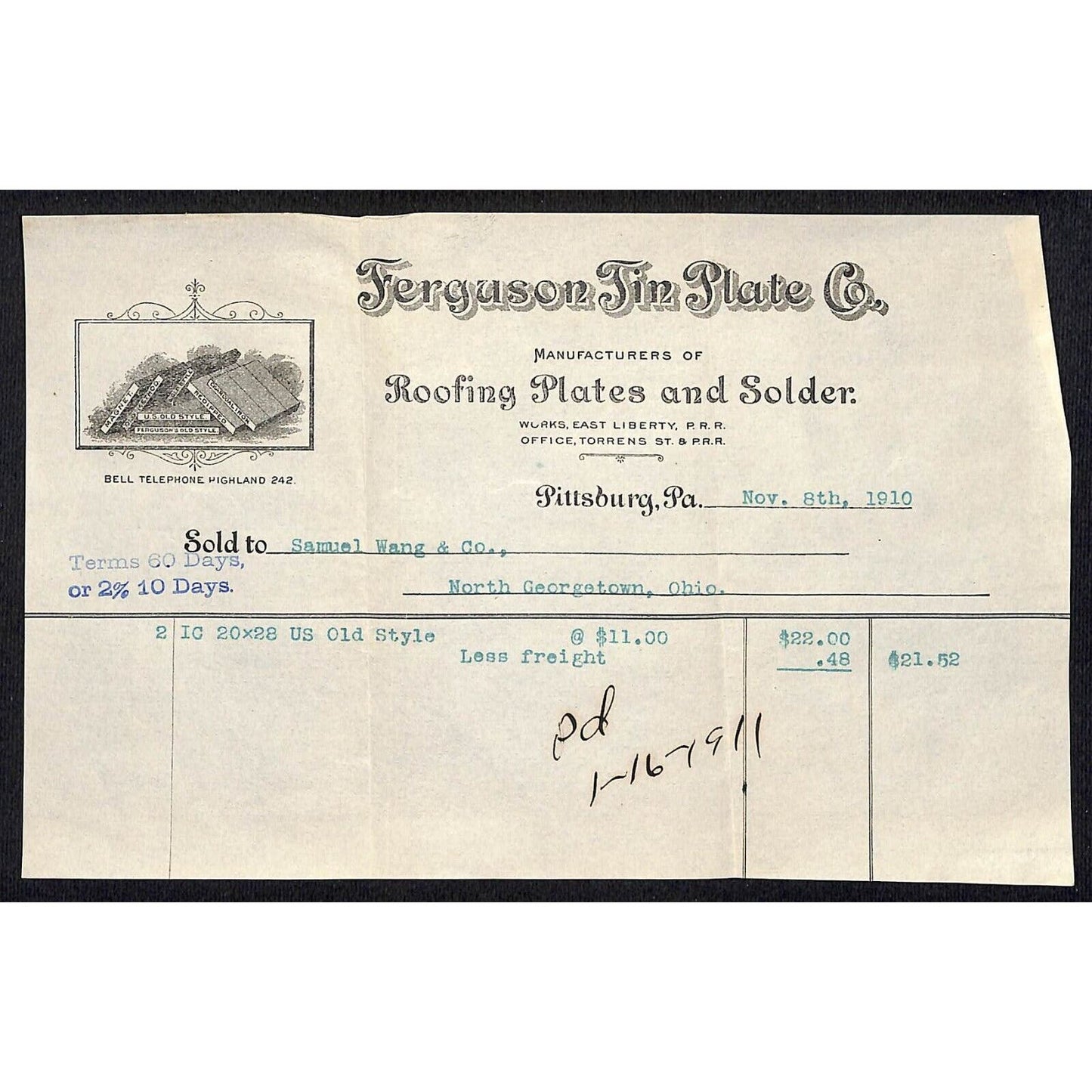 Ferguson Tin Plate Co. Pittsburgh 1910 Billhead Samuel Wang* N. Georgetown, OH