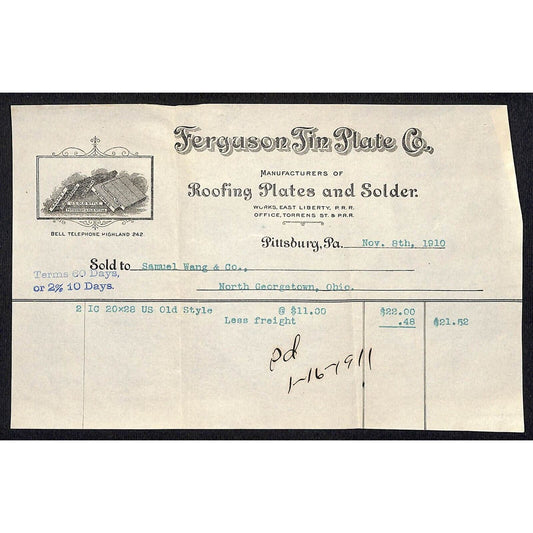 Ferguson Tin Plate Co. Pittsburgh 1910 Billhead Samuel Wang* N. Georgetown, OH