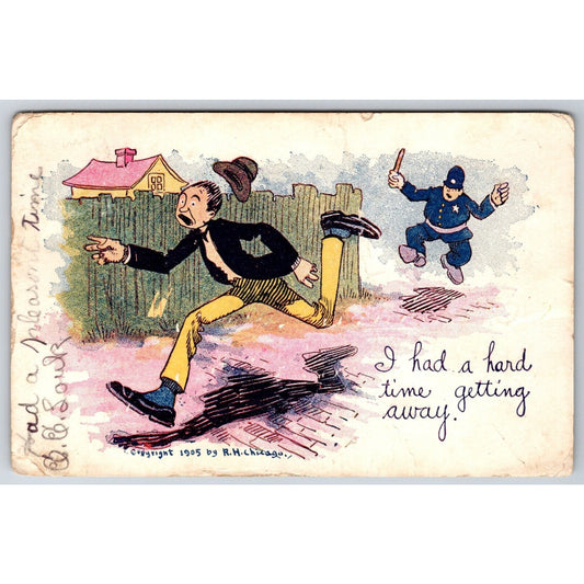 Funny Police Humor Postcard Police Chases Long Legged Man PM c1906