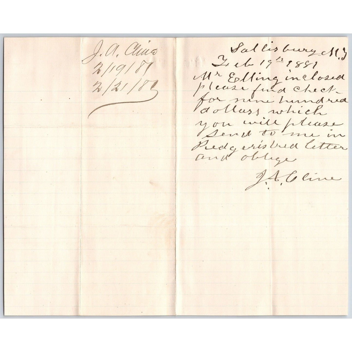1881 ALS from J.A. Cline Salisbury MT to Henry Elling* re: Safe-Keeping a Check?