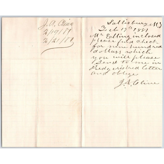1881 ALS from J.A. Cline Salisbury MT to Henry Elling* re: Safe-Keeping a Check?