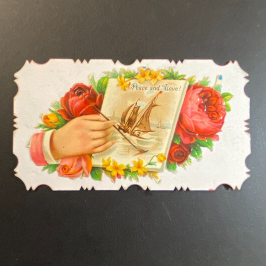 Ellen Spencer" Victorian Hidden Name Card "Peace and Love" Woman Paints Sailboat