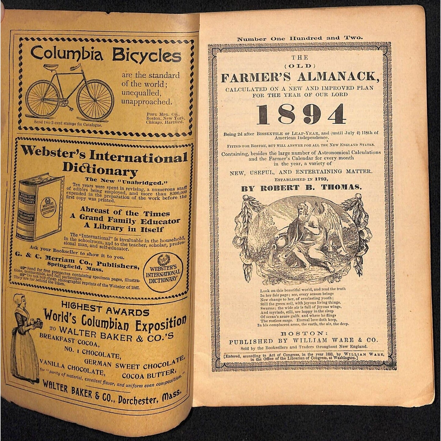 1894 Old Farmer's Almanac 48pp William Ware & Co., Boston / Columbia Bicycles Ad