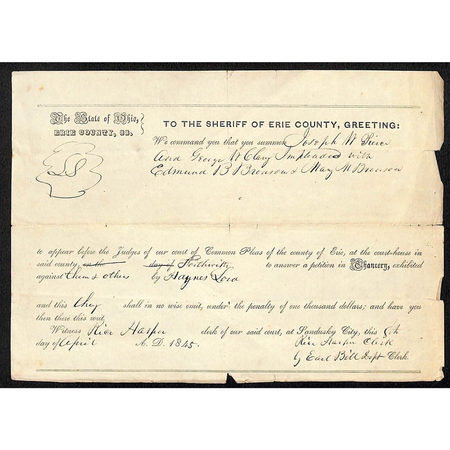 1845 State of Ohio Erie County Sheriff Summons Notice Scarce