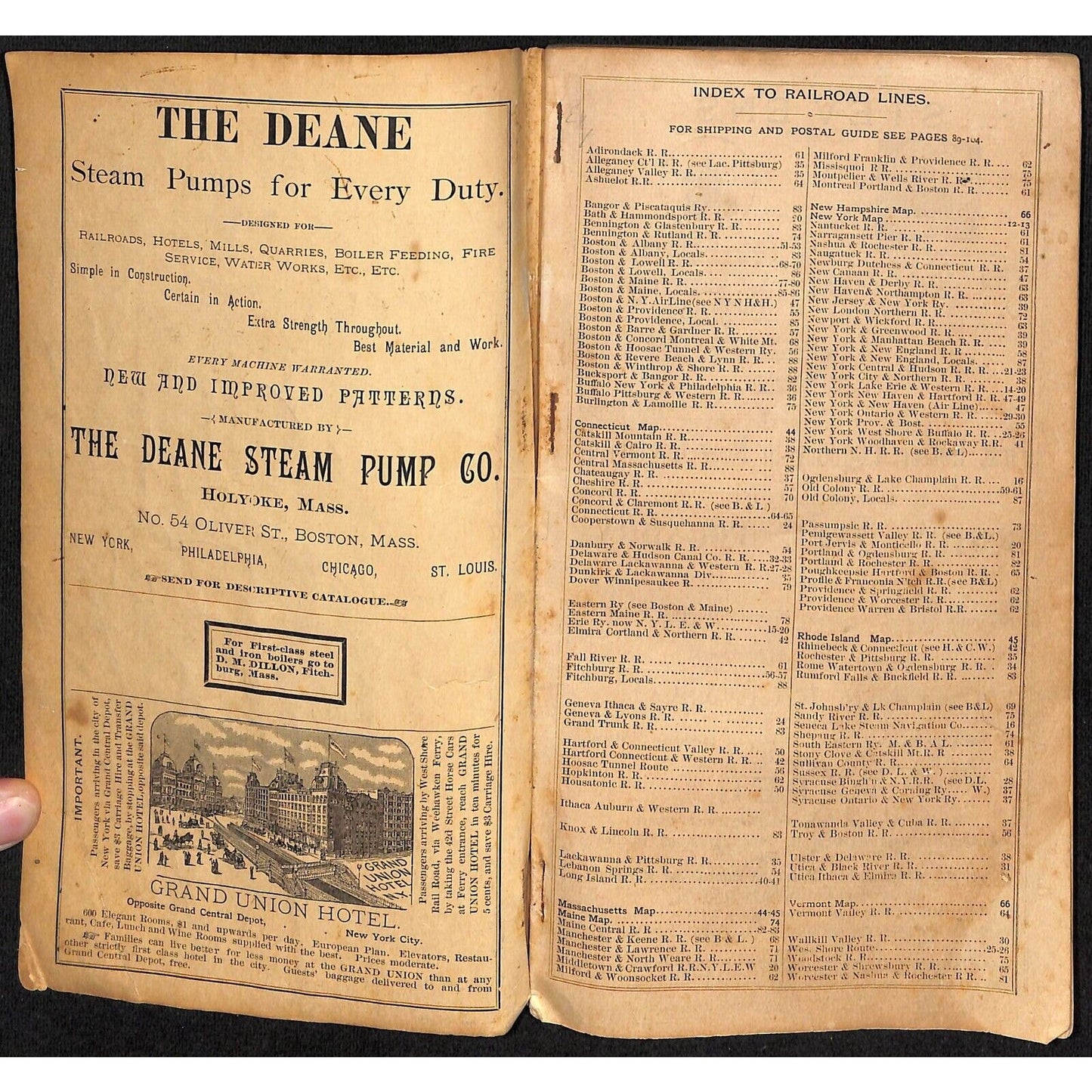 1885 Commercial Travelers Railroad Guide & Hotel Directory NY & NE States 112pp