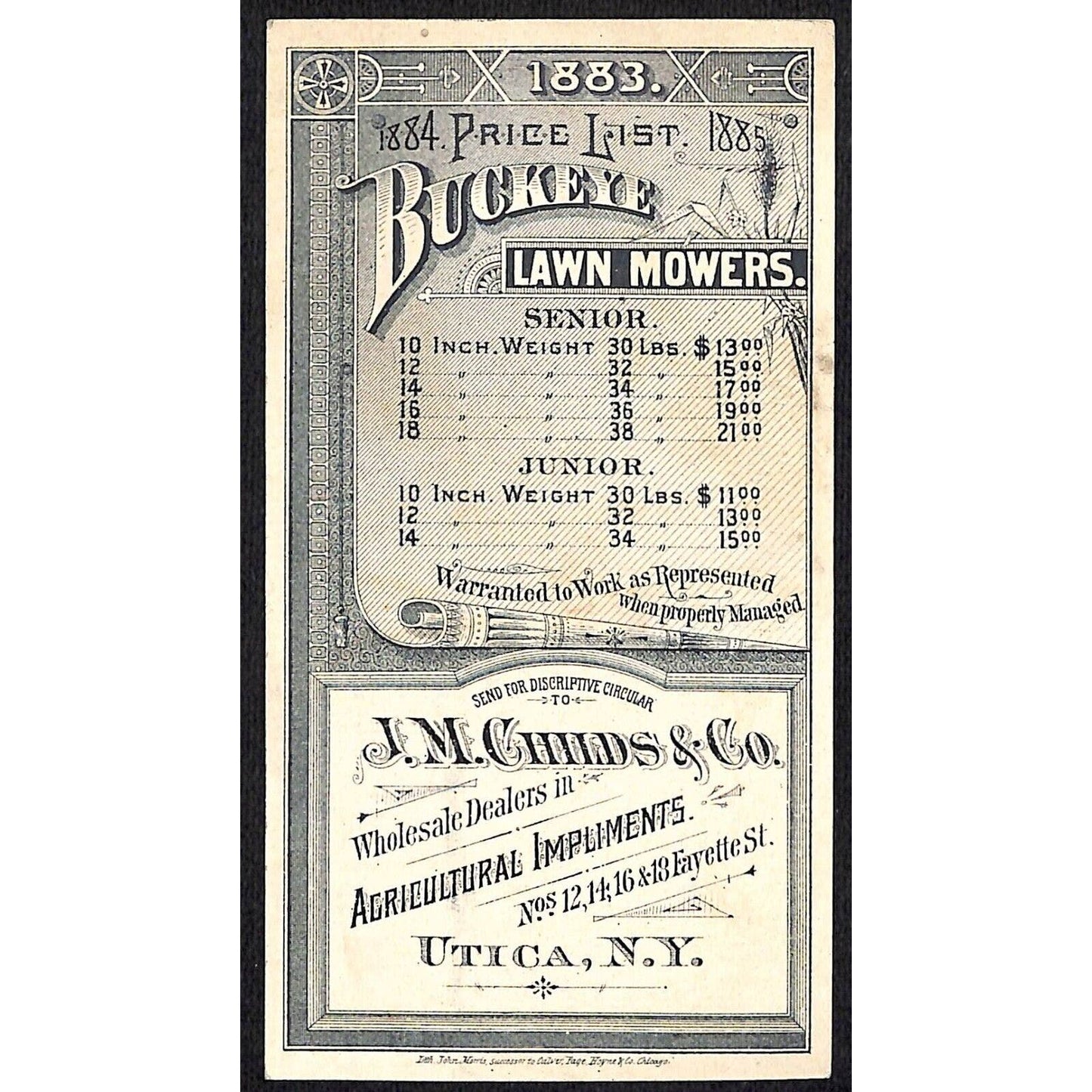 Buckeye Lawn Mowers Mast, Foos & Co. Springfield Victorian Trade Card w/ Prices
