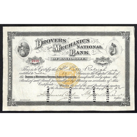 Drovers and Mechanics National Bank 1925 Stock Certificate G. Pitts Raleigh *