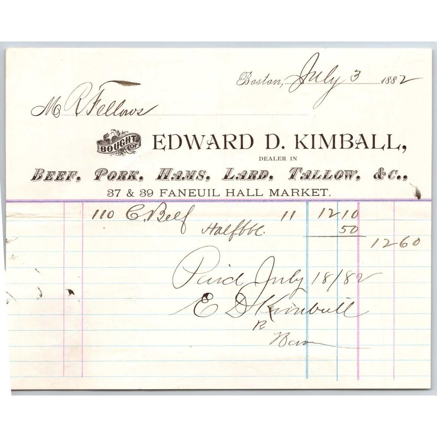 Edward D. Kimball Lard Pork Hams Canned Beef Tallow Boston, MA 1882 Billhead