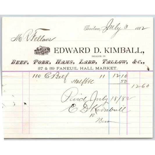 Edward D. Kimball Lard Pork Hams Canned Beef Tallow Boston, MA 1882 Billhead