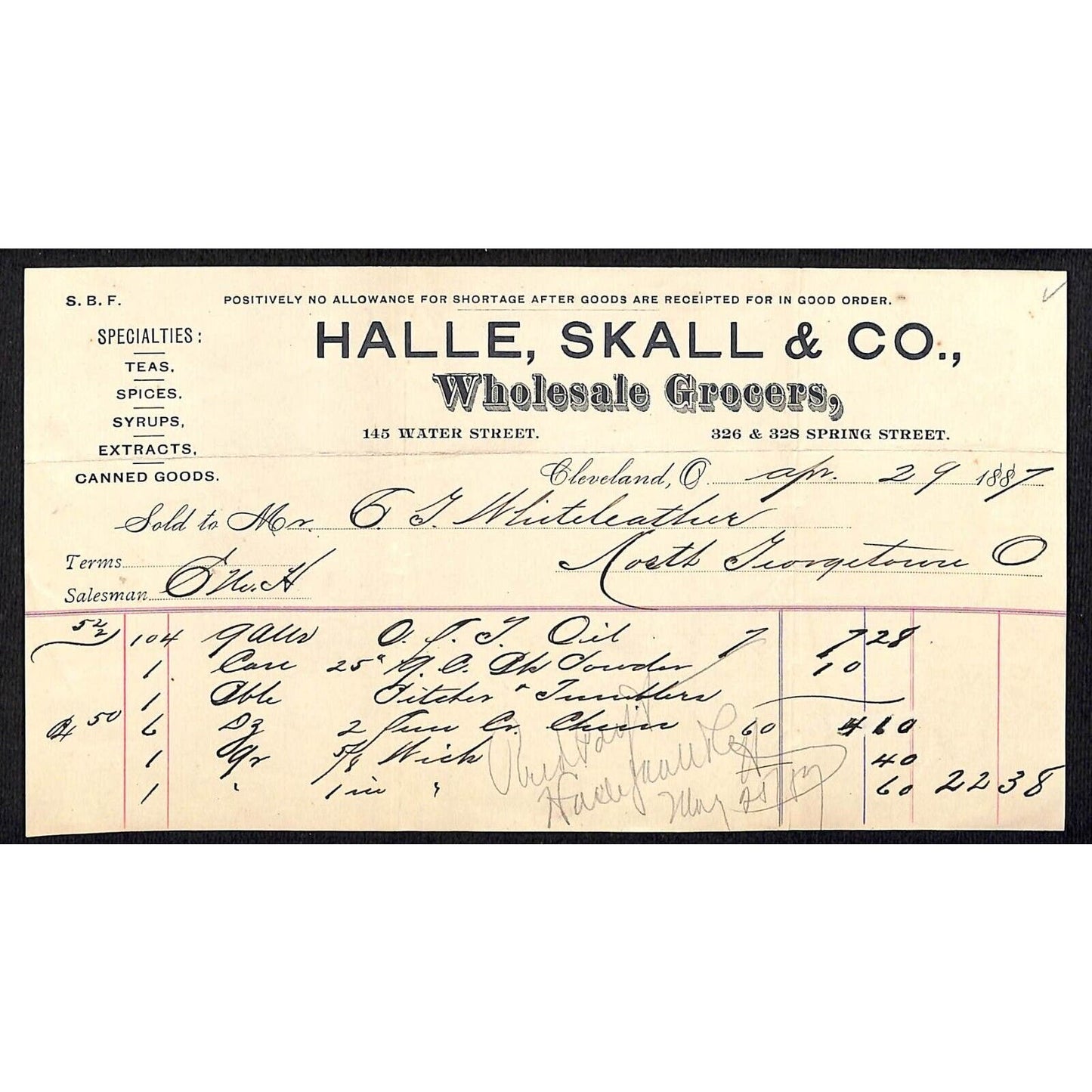 Halle & Schwarz Grocers Cleveland Billhead 1887 Whiteleather* N. Georgetown, OH