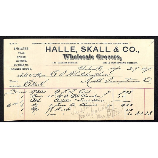 Halle & Schwarz Grocers Cleveland Billhead 1887 Whiteleather* N. Georgetown, OH