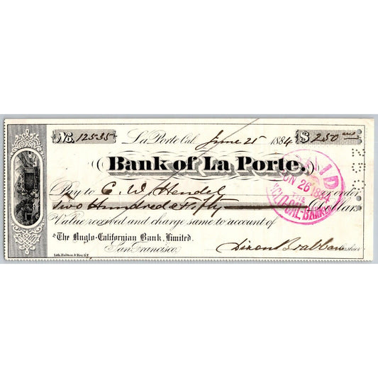 Bank of La Porte Check Charles W. Hendel 1884 Mining Vignette #12535